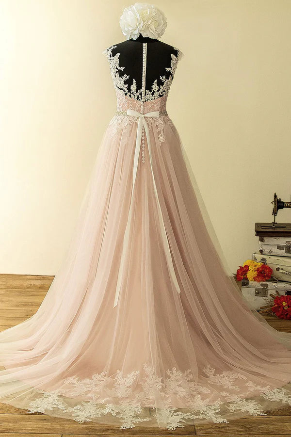 Wholesale Elegant Tulle Lace Long Prom Dress A-Line Scoop Neckline Evening Dress